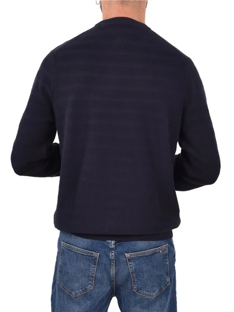 MAGLIA GIROCOLLO IN COTONE CON LAVORAZIONE A RIGHE UOMO BLU