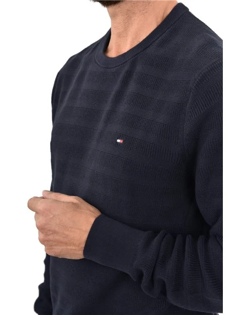 MAGLIA GIROCOLLO IN COTONE CON LAVORAZIONE A RIGHE UOMO BLU