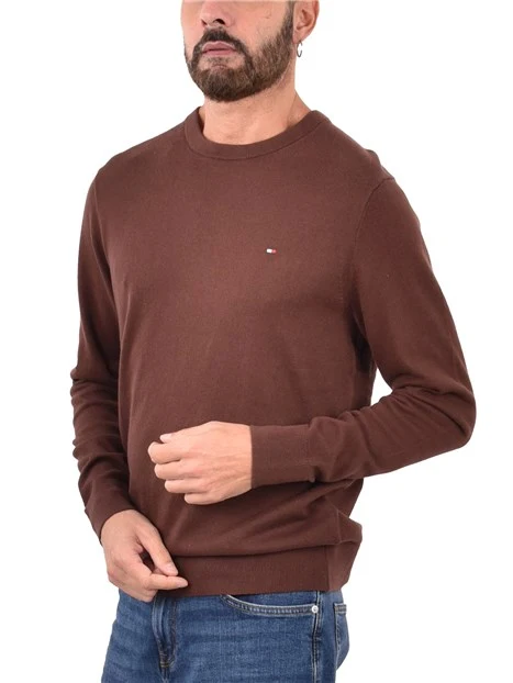 MAGLIA GIROCOLLO CON RICAMO E BORDI A COSTINE UOMO MARRONE