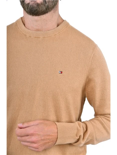 MAGLIA GIROCOLLO CON RICAMO E BORDI A COSTINE UOMO MARRONE CHIARO