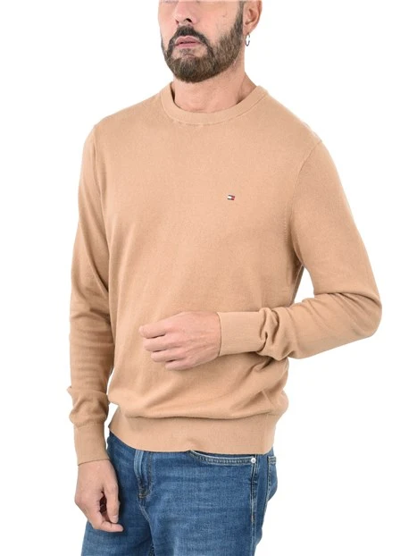 MAGLIA GIROCOLLO CON RICAMO E BORDI A COSTINE UOMO MARRONE CHIARO