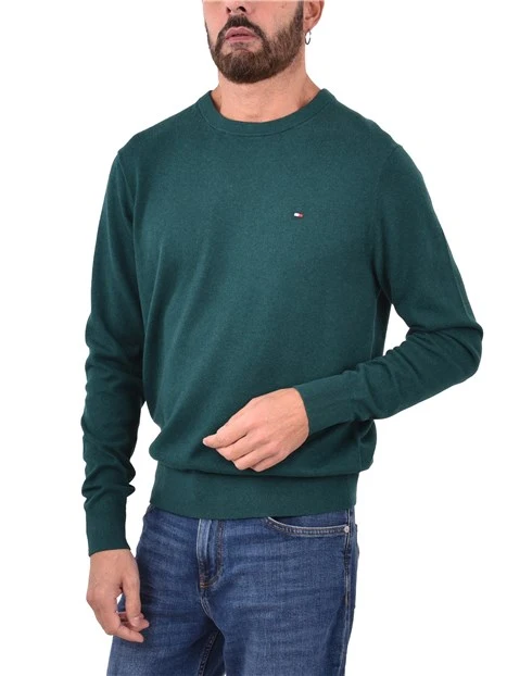 MAGLIA GIROCOLLO CON RICAMO E BORDI A COSTINE UOMO VERDE SCURO