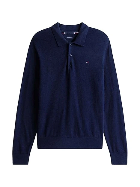 POLO A MANICA LUNGA IN COTONE E CASHMERE UOMO BLU