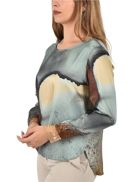 BLUSA STAMPATA CON SCOLLO A BARCHETTA DONNA CELESTE