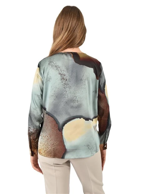 BLUSA STAMPATA CON SCOLLO A BARCHETTA DONNA CELESTE