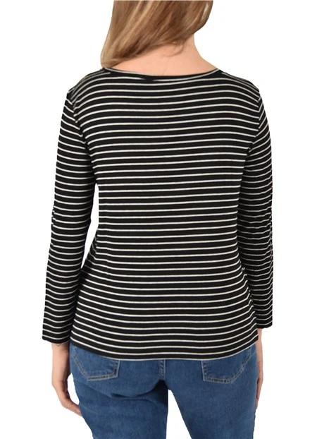 T-SHIRT IN JERSEY  MANICA LUNGA A RIGHE DONNA NERO