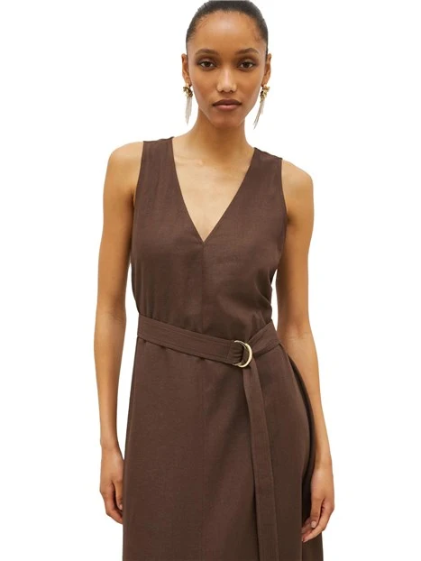 ABITO LUNGO SMANICATO IN TELA MISTO LINO DONNA MARRONE