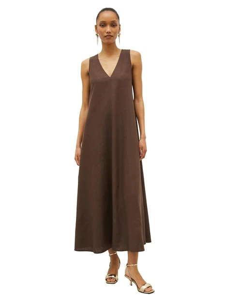 ABITO LUNGO SMANICATO IN TELA MISTO LINO DONNA MARRONE