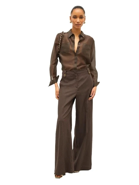 PANTALONI PALAZZO IN TELA DI LINO DONNA MARRONE