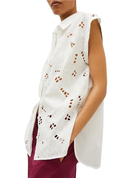 CAMICIA SMANICATA CON RICAMO SANGALLO DONNA BIANCO