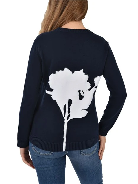 MAGLIA GIROCOLLO IN COTONE CON INTARSIO FLOREALE DONNA BLU