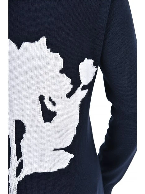 MAGLIA GIROCOLLO IN COTONE CON INTARSIO FLOREALE DONNA BLU