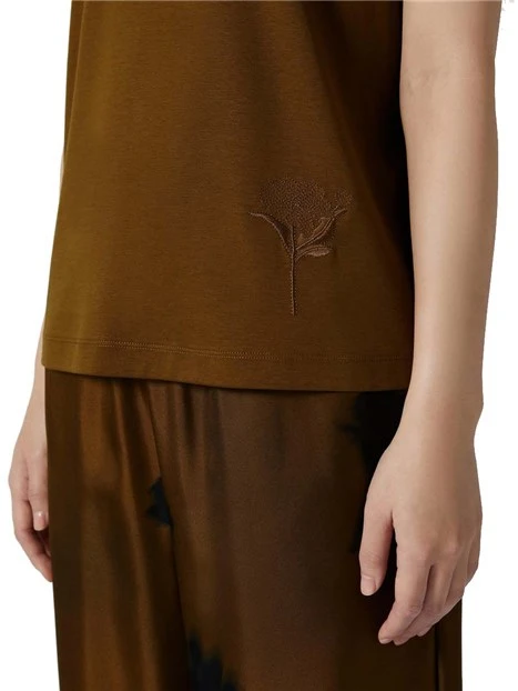 T-SHIRT MANICHE CORTE CON RICAMO FLOREALE DONNA CUOIO