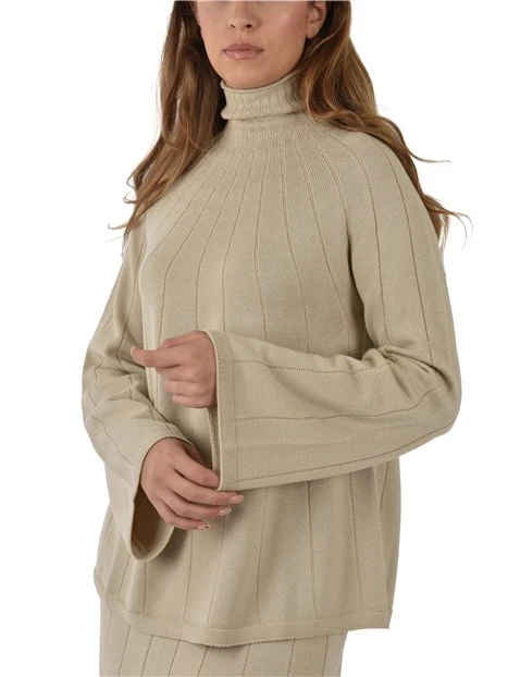 MAGLIA DOLCEVITA IN LANA CON LAVORAZIONE A COSTE DONNA BEIGE