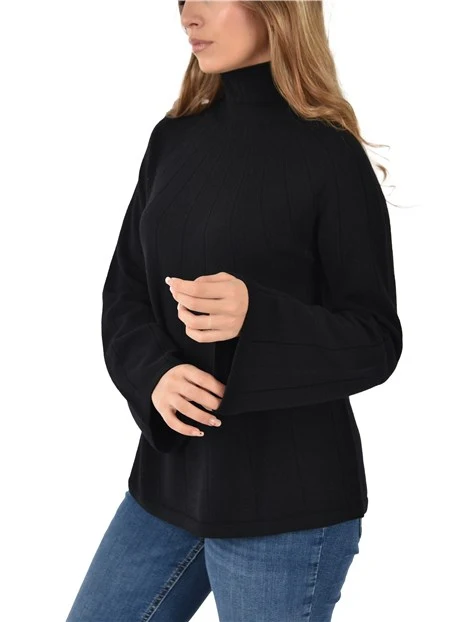 MAGLIA DOLCEVITA IN LANA CON LAVORAZIONE A COSTE DONNA NERO