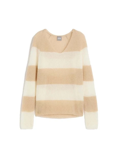 MAGLIA CON SCOLLO A V CON FANTASIA A RIGHE DONNA BEIGE