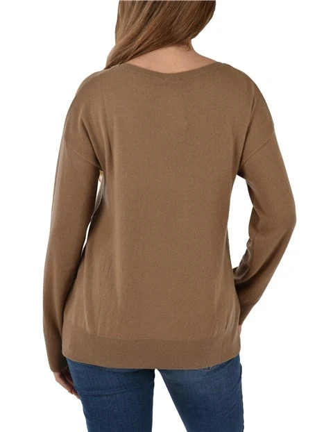 MAGLIA GIROCOLLO IN MISTO LANA E CASHMERE E BORDI A COSTE DONNA MARRONE