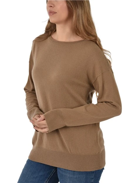 MAGLIA GIROCOLLO IN MISTO LANA E CASHMERE E BORDI A COSTE DONNA MARRONE