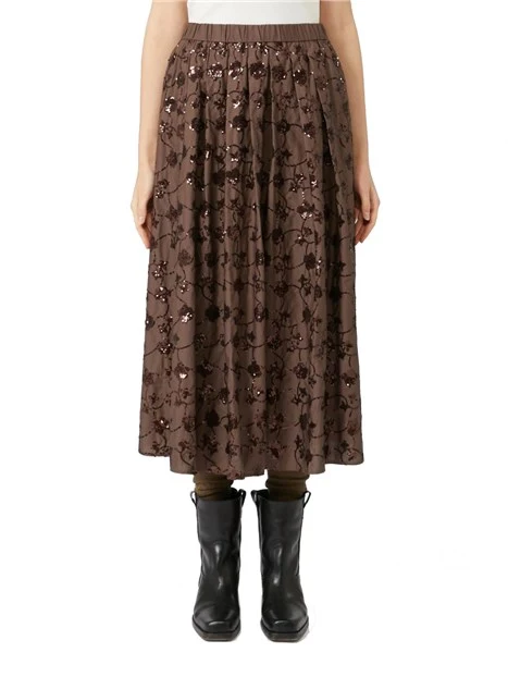 GONNA LUNGA CON RICAMO IN PAILLETTES DONNA MARRONE