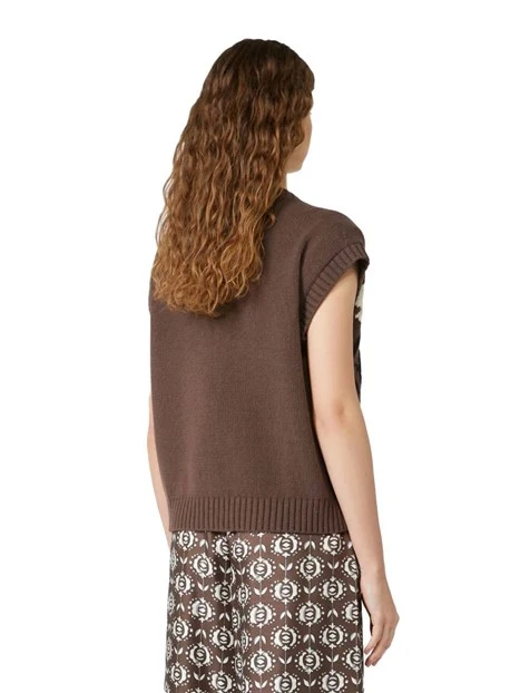 GILET CON SCOLLO A V IN MISTO COTONE DONNA MARRONE