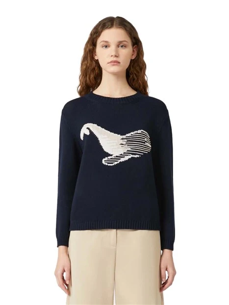 MAGLIA GIROCOLLO IN MISTO COTONE CON DISEGNO DONNA BLU