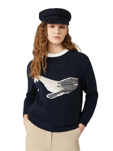 MAGLIA GIROCOLLO IN MISTO COTONE CON DISEGNO DONNA BLU