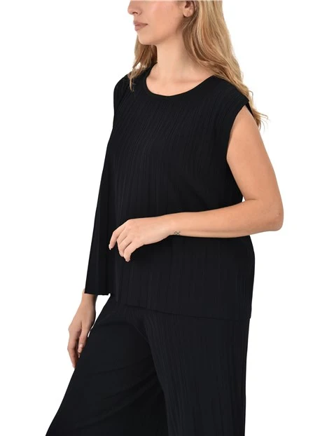 T-SHIRT MANICA CORTA  CON PIEGHE PLISSETTATA DONNA NERO