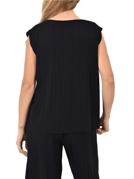 T-SHIRT MANICA CORTA  CON PIEGHE PLISSETTATA DONNA NERO