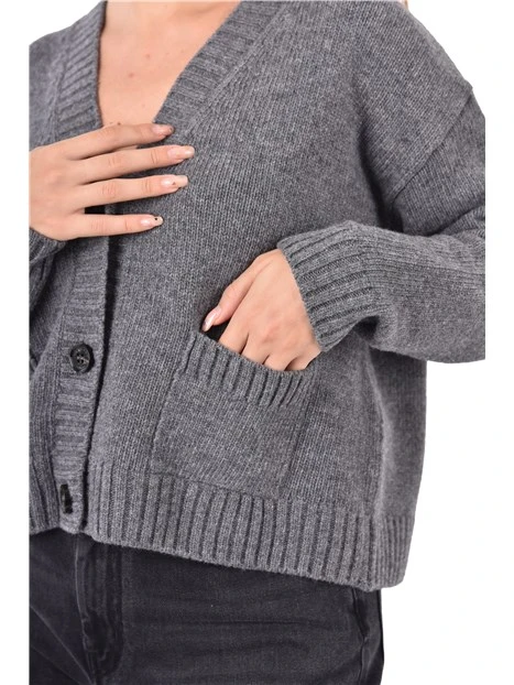 CARDIGAN IN PURA LANA CON TASCHE APPLICATE DONNA ANTRACITE