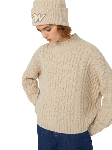 MAGLIA DOLCEVITA IN LANA CON LAVORAZIONE A TRECCE DONNA BEIGE