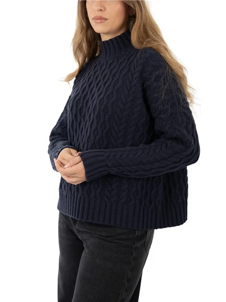 MAGLIA DOLCEVITA IN LANA CON LAVORAZIONE A TRECCE DONNA BLU