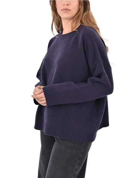 MAGLIA GIROCOLLO IN PURA LANA CON BORDI RIFINITI DONNA BLU