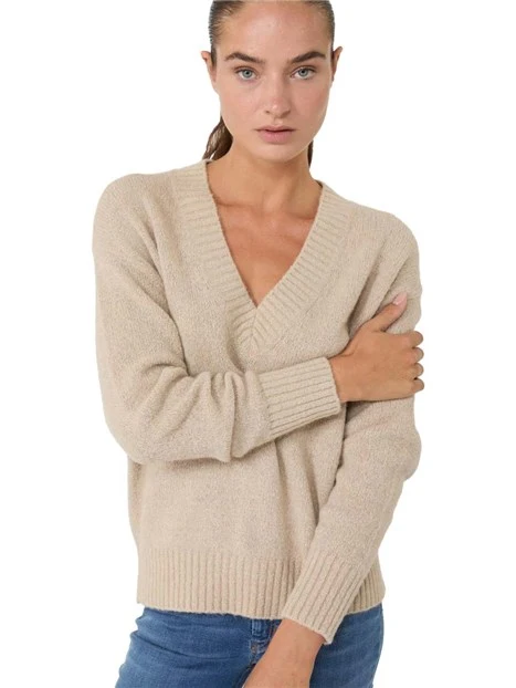 MAGLIA SCOLLO A V CON BORDI RIFINITI A COSTE DONNA BEIGE