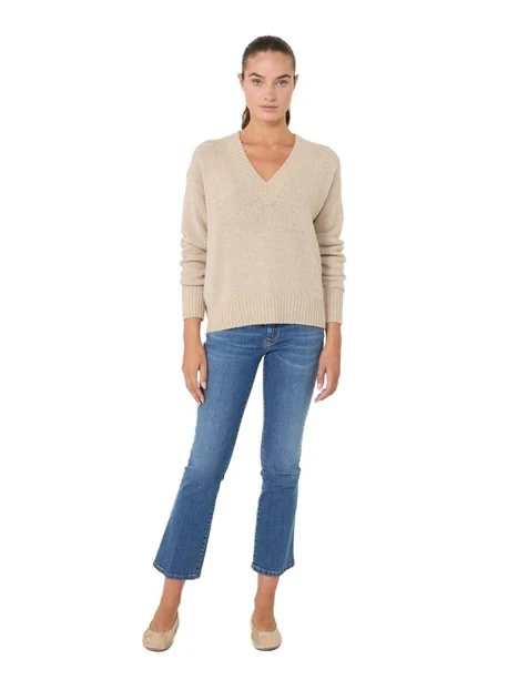 MAGLIA SCOLLO A V CON BORDI RIFINITI A COSTE DONNA BEIGE