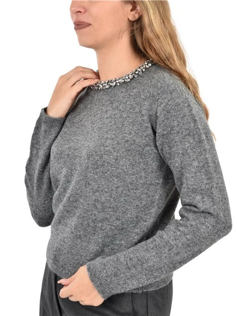 MAGLIA GIROCOLLO CON DECORAZIONI GIOIELLO DONNA GRIGIO