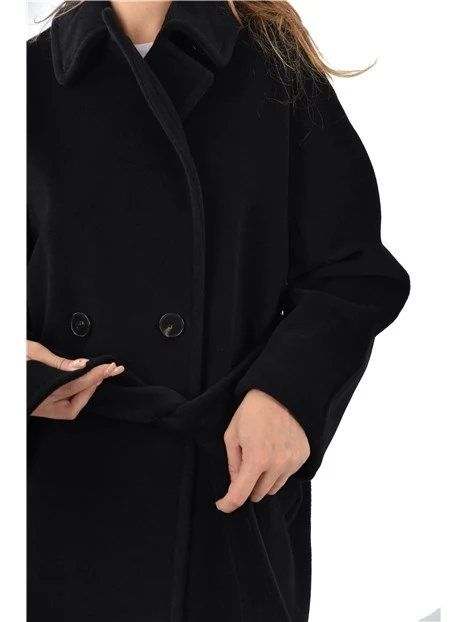 CAPPOTTO LUNGO IN PURA LANA VERGINE CON CINTURA DONNA NERO