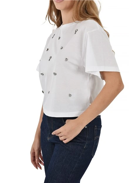 T-SHIRT MANICA CORTA IN COTONE CON CRISTALLI DONNA BIANCO