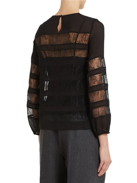 BLUSA CON DETTAGLI TRASPARENTI E PIZZO  DONNA NERA