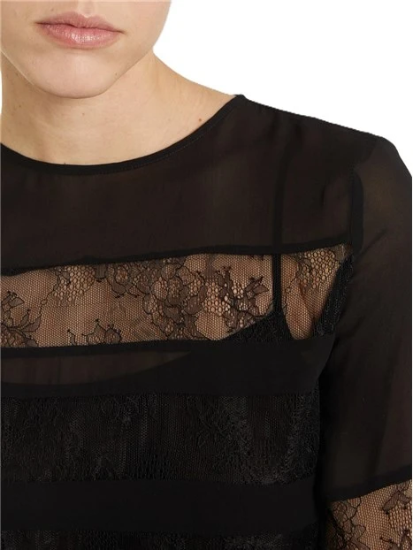 BLUSA CON DETTAGLI TRASPARENTI E PIZZO  DONNA NERA
