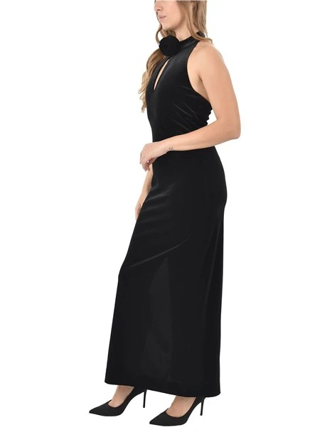 VESTITO LUNGO IN VELLUTO CON SPILLA DONNA NERO