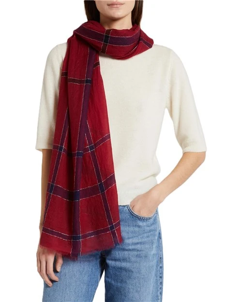 STOLA IN LANA  CON DISEGNO TARTAN A FRANGE DONNA ROSSO