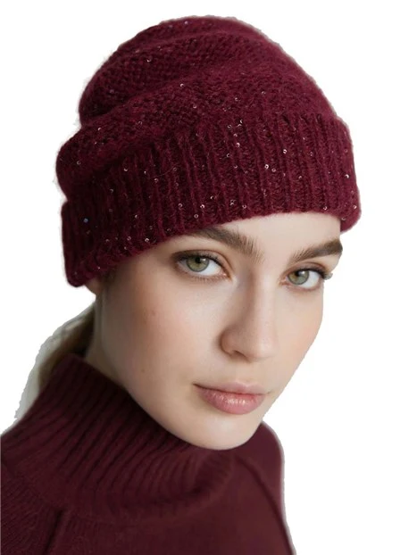 CAPPELLO IN MISTO CASHMERE CON LOGO DONNA BORDEAUX