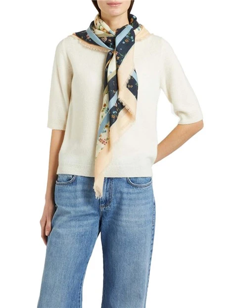FOULARD CON STAMPA FIORI E FRANGE DONNA BIANCO