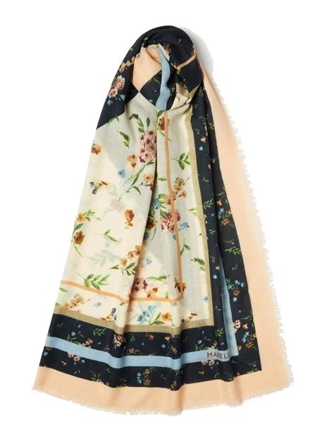 FOULARD CON STAMPA FIORI E FRANGE DONNA BIANCO