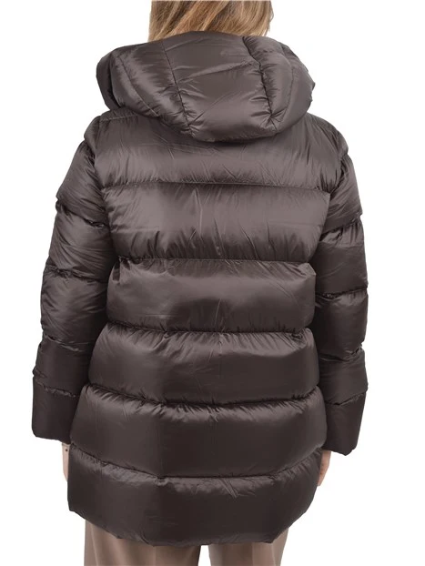 PIUMINO CON CAPPUCCIO E COULISSE DONNA MARRONE