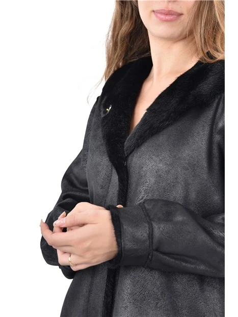 CAPPOTTO LUNGO REVERSIBILE CON CAPPUCCIO DONNA NERO