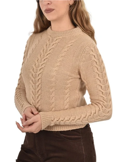 MAGLIA CON LAVORAZIONE A TRECCE IN  MISTO CASHMERE DONNA GRIGIO  BEIGE