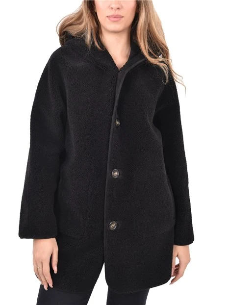 CAPPOTTO CORTO REVERSIBILE CON CAPPUCCIO DONNA NERO