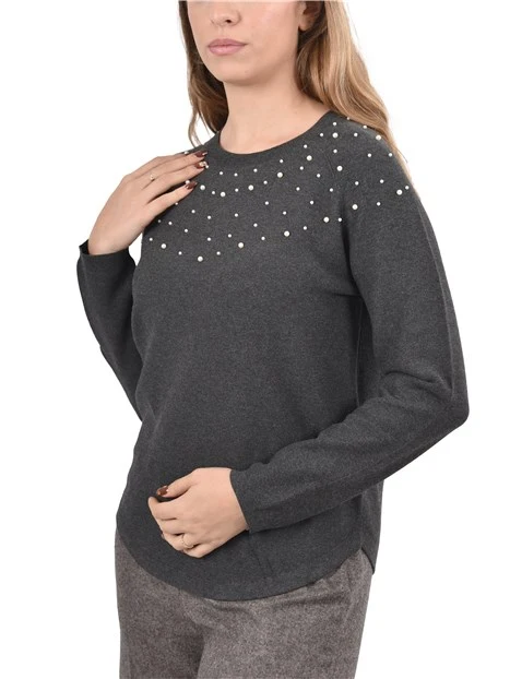 MAGLIA GIROCOLLO CON PERLE APPLICATE DONNA GRIGIO