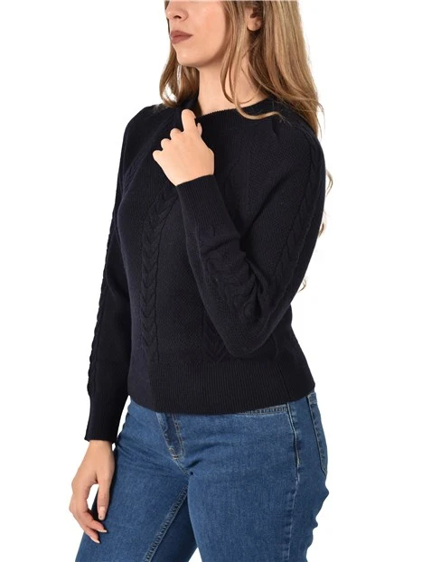 MAGLIA GIROCOLLO MISTO LANA CON RILIEVO AD INTRECCI DONNA BLU